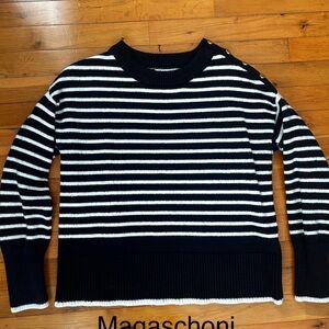 Magaschoni Navy and White Striped Button-Shoulder Crewneck Sweater